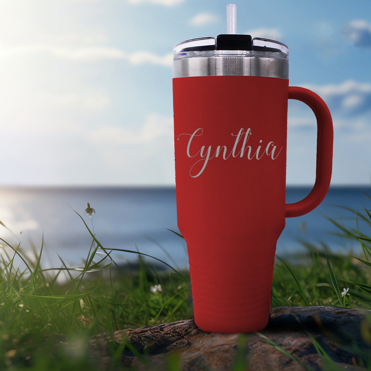 Personalized 40 oz Stainless Steel Insulated Tumbler with Handle, Lid & Straw – Custom Engraved Name or Text
