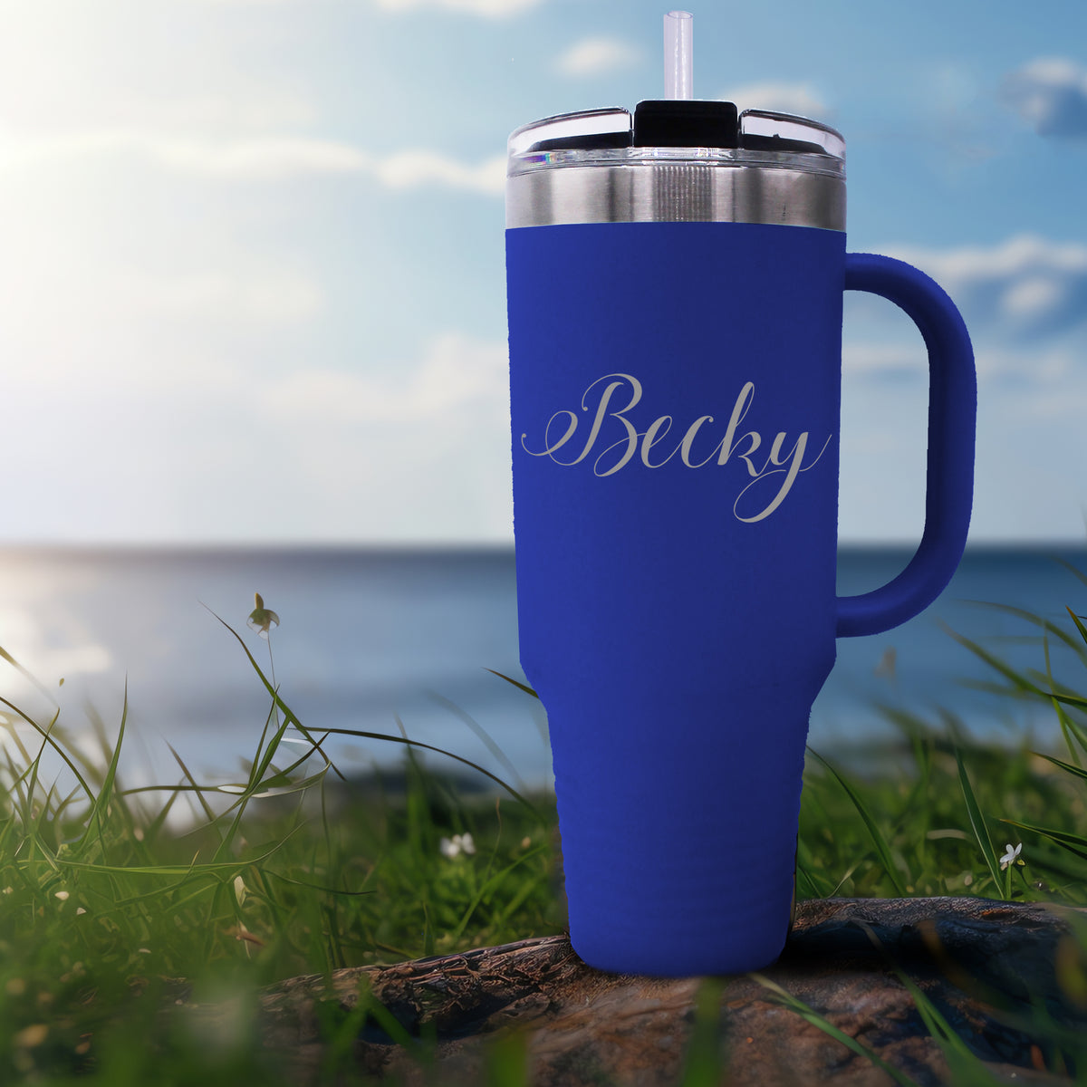 Personalized 40 oz Stainless Steel Insulated Tumbler with Handle, Lid & Straw – Custom Engraved Name or Text