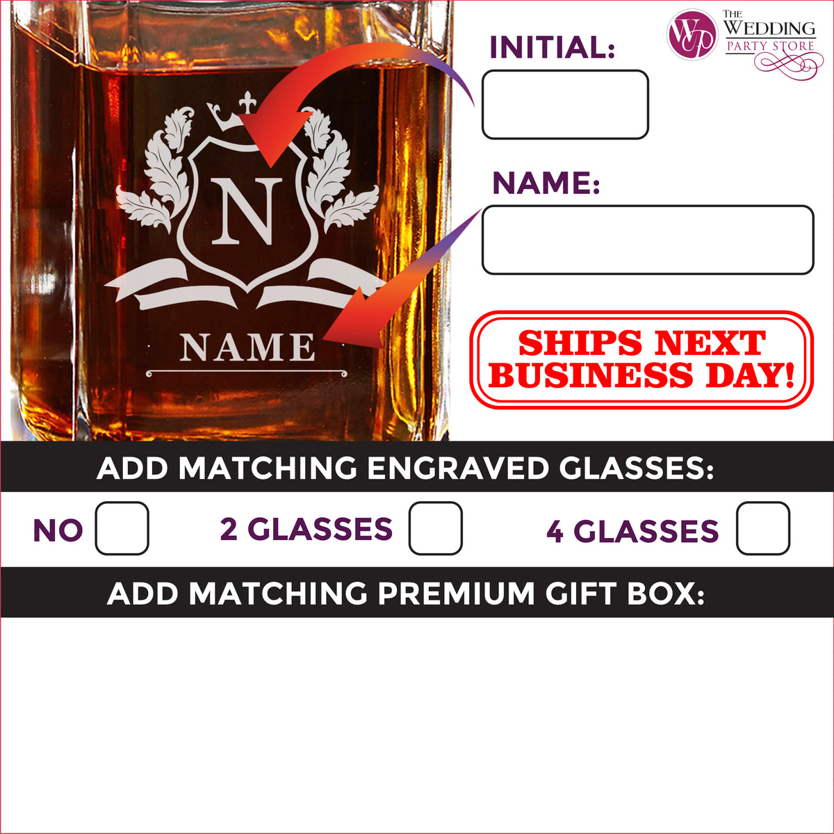 Personalized Whiskey Decanter Set – Custom Engraved Glass Decanter Gift for Men, Birthday - Cavalier Design