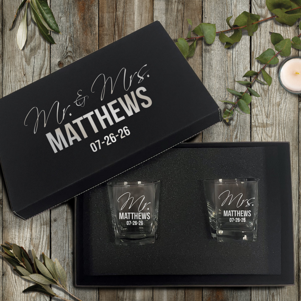 Personalized Mr. & Mrs. Whiskey Rocks Glasses – Set of 2 Custom Engraved Glasses for Couples, Wedding or Anniversary Gift