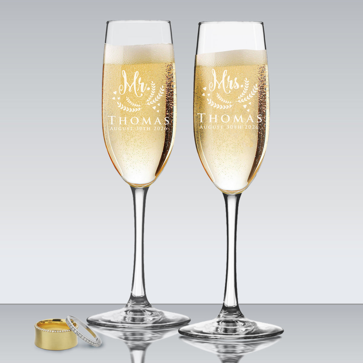 Set of 2 Mr and Mrs Personalized Champagne Wedding Toasting Flute Glasses - Engraved, Etched, Monogrammed, Customized