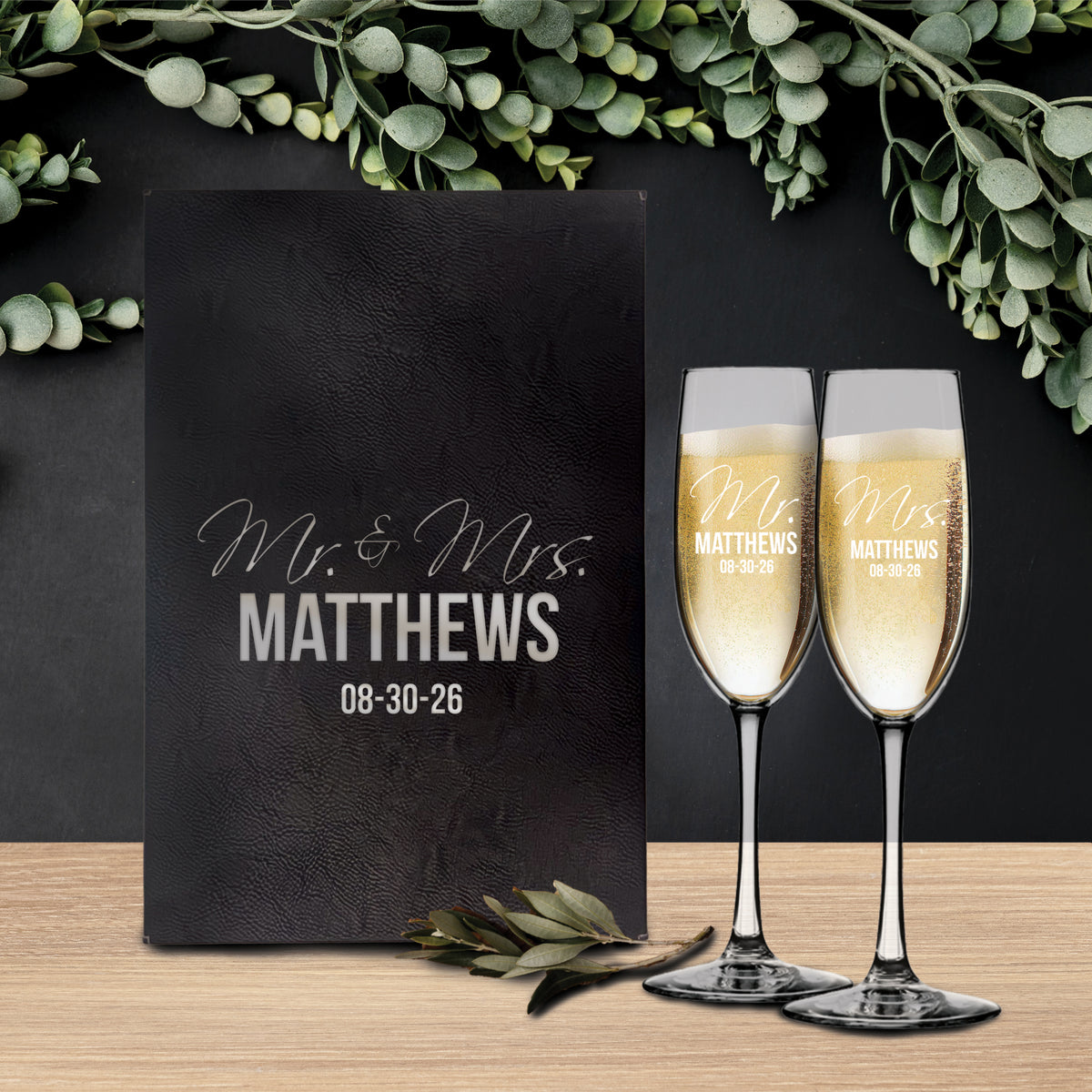 Set of 2 Mr and Mrs Personalized Champagne Wedding Toasting Flute Glasses - Engraved, Etched, Monogrammed, Customized