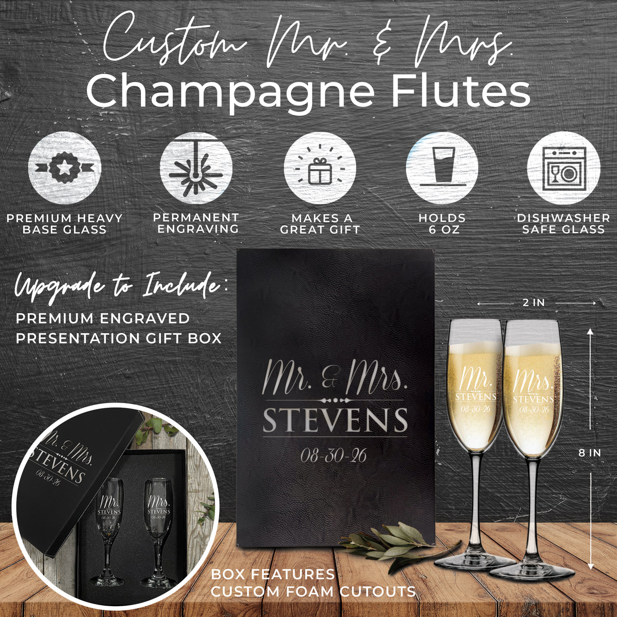 Set of 2 Mr and Mrs Personalized Champagne Wedding Toasting Flute Glasses - Engraved, Etched, Monogrammed, Customized
