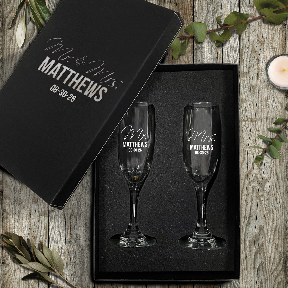 Set of 2 Mr and Mrs Personalized Champagne Wedding Toasting Flute Glasses - Engraved, Etched, Monogrammed, Customized