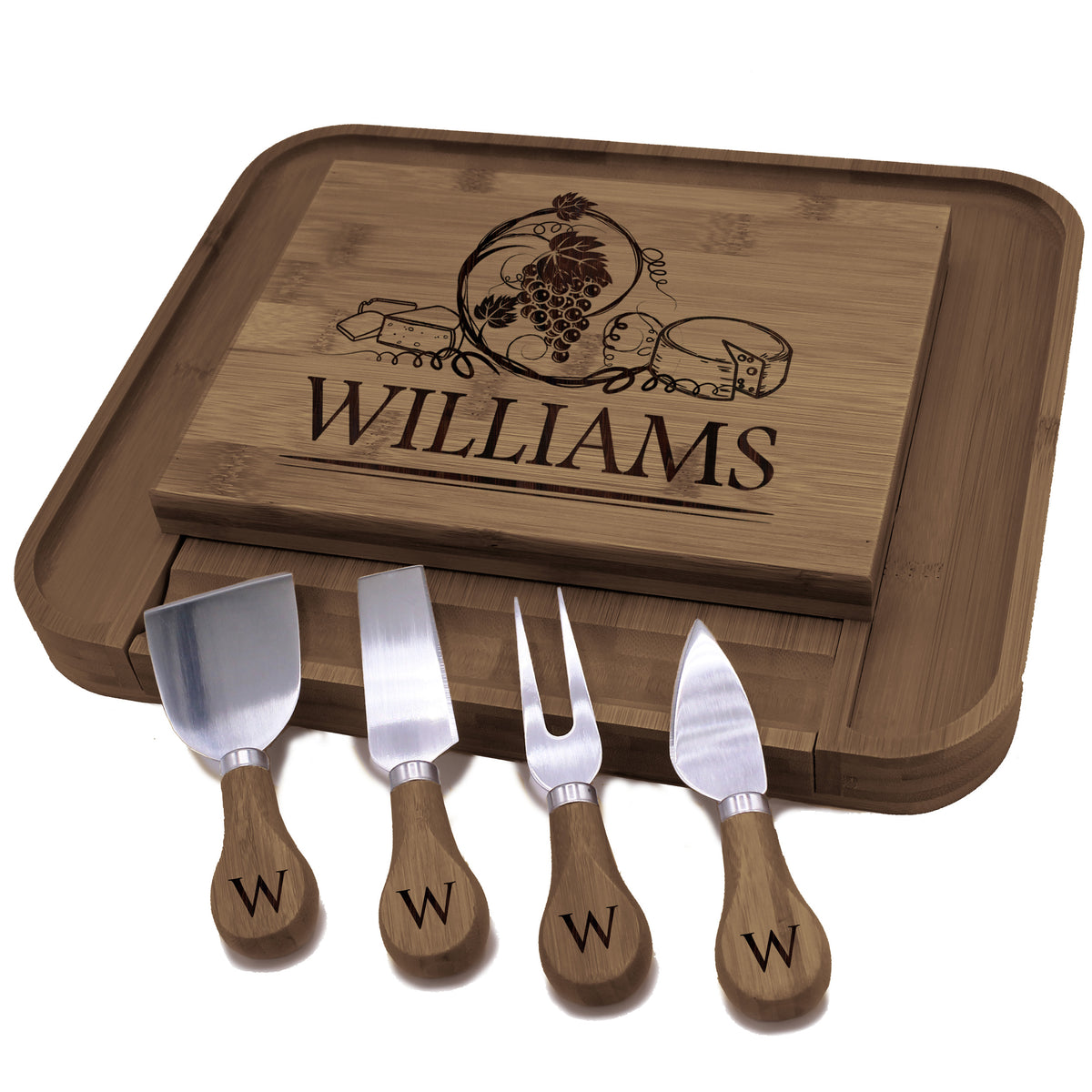 Personalized Charcuterie Cheese and Meat Serving Board Platter with Tools - Wine Grapes Design
