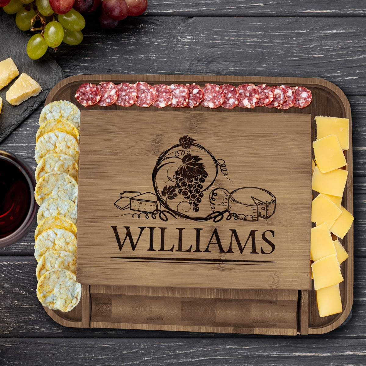 Personalized Charcuterie Cheese and Meat Serving Board Platter with Tools - Wine Grapes Design