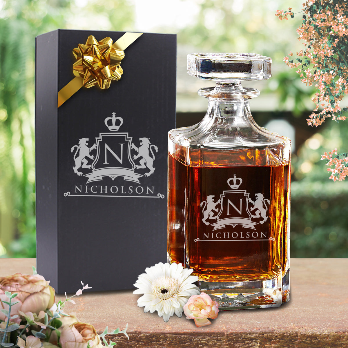 Personalized Whiskey Decanter Set – Custom Engraved Glass Decanter Gift for Men, Birthday - Lion Design