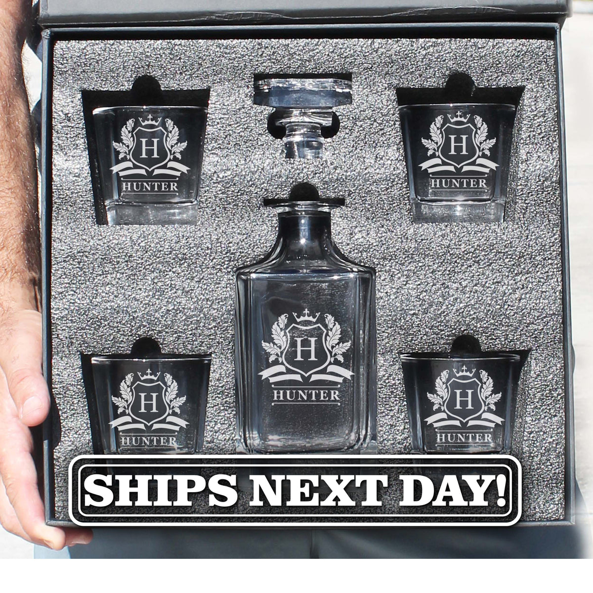 Personalized Whiskey Decanter Set – Custom Engraved Glass Decanter Gift for Men, Birthday - Cavalier Design