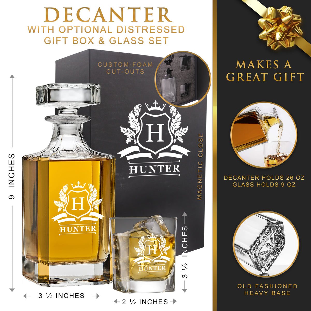 Personalized Whiskey Decanter Set – Custom Engraved Glass Decanter Gift for Men, Birthday - Cavalier Design