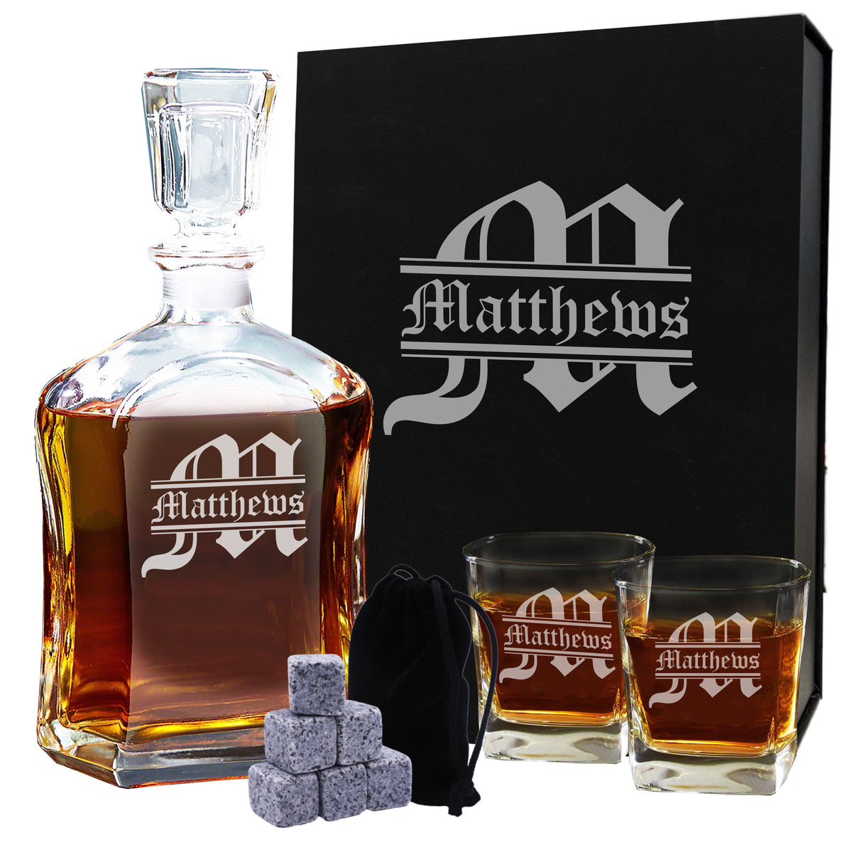 Personalized Whiskey Decanter Set with Glasses and Gift Box Set - Classic Design