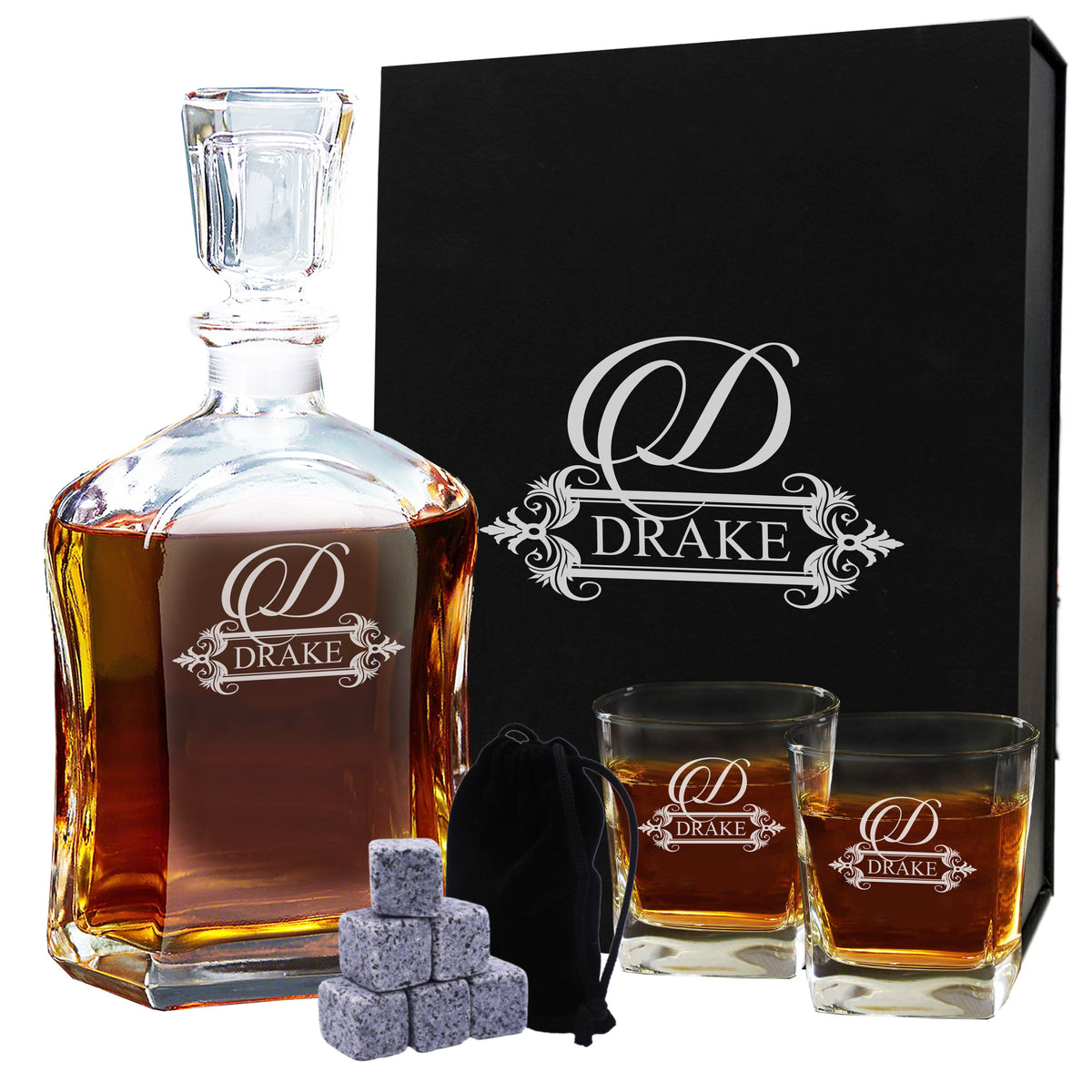 Personalized Whiskey Decanter Set with Glasses and Gift Box Set - Fancy Design