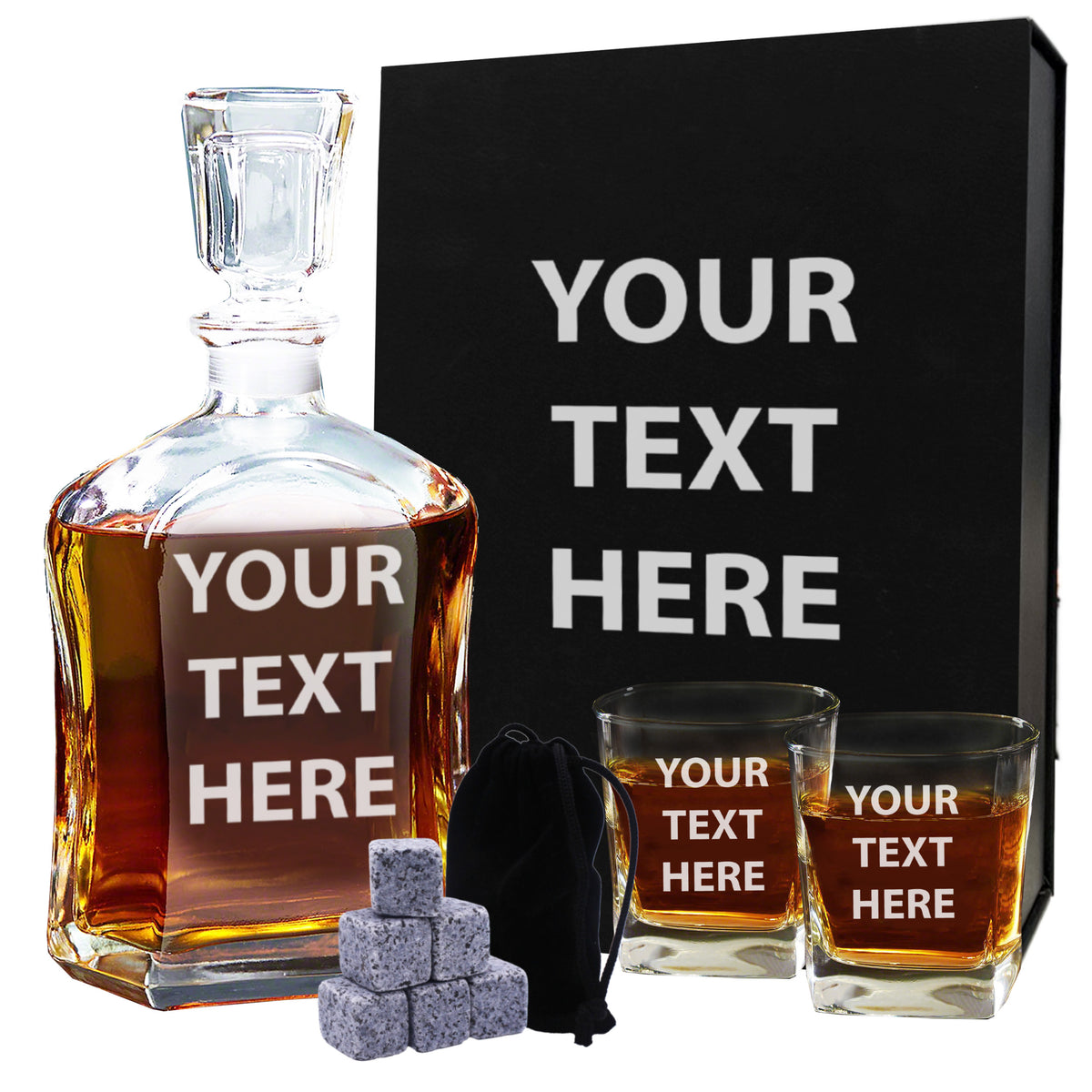 Personalized Whiskey Decanter Set with Glasses and Gift Box Set - Any Text