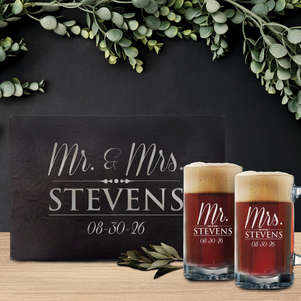 Personalized Mr. & Mrs. Beer Mugs – Set of 2 Custom Engraved 12 oz Beer Glasses for Couples, Wedding or Anniversary Gift