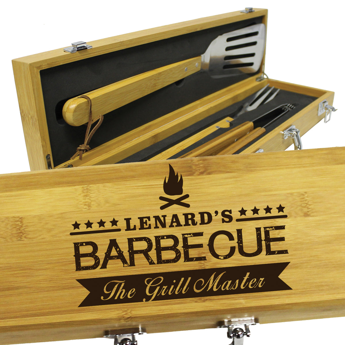Personalized BBQ Grill Tool Set – Custom Engraved Bamboo Grilling Utensils Gift for Men, Dad or Father's Day