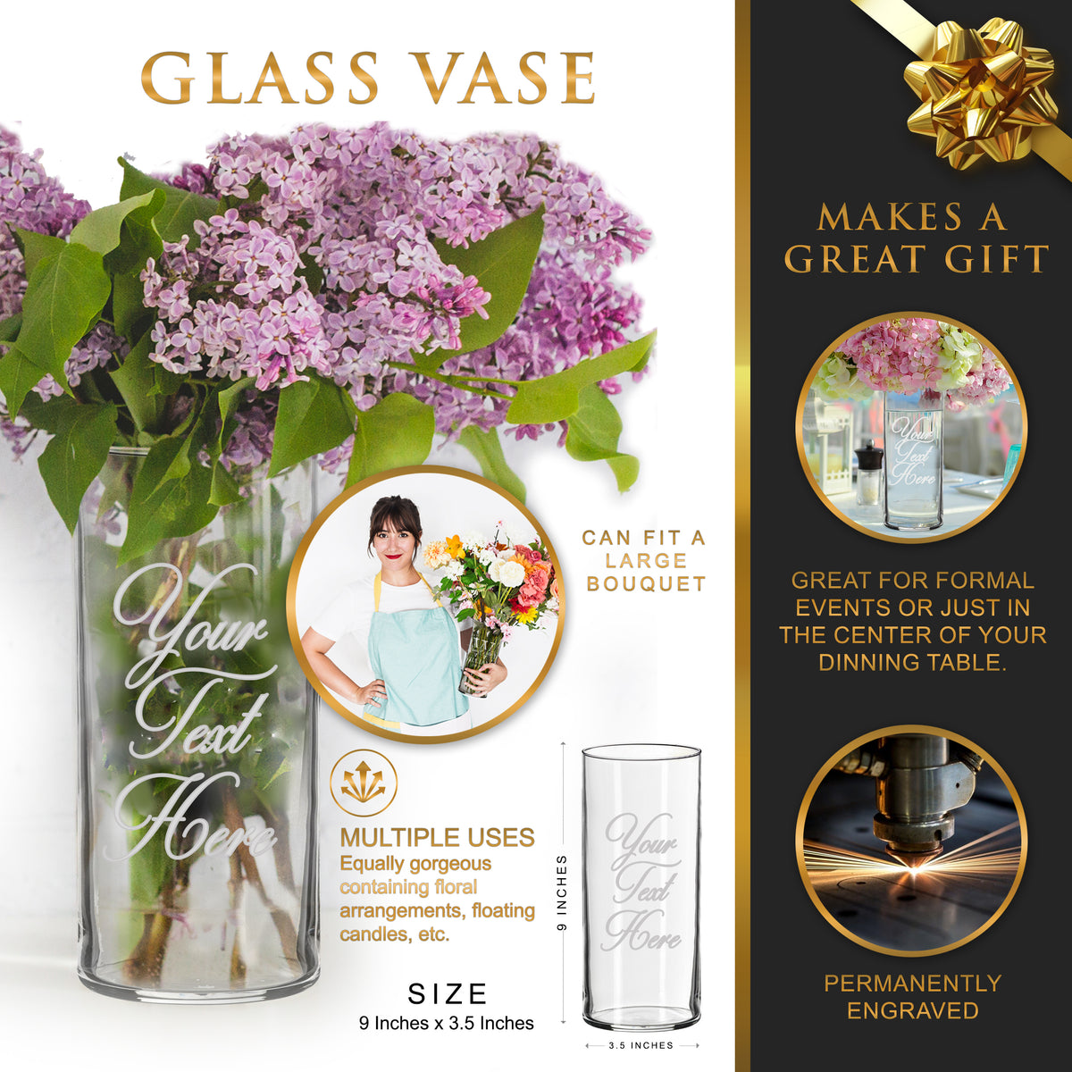 Personalized Glass Flower Vase – Custom Etched & Engraved Vase for Mother's Day, Valentine's Day or Birthday Gifts