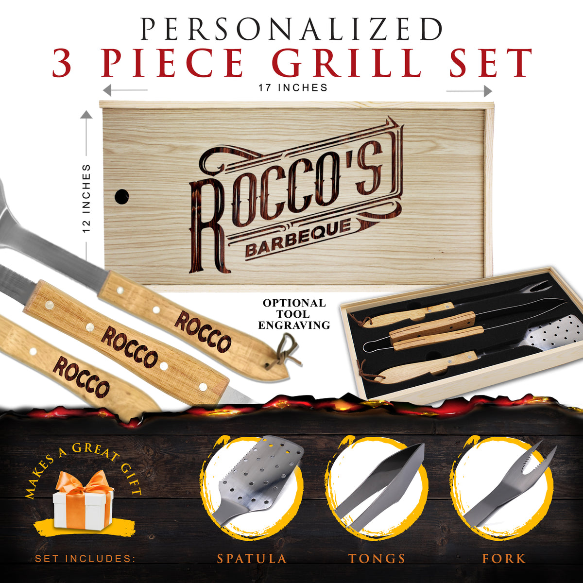 Personalized Premium BBQ Grill Tool Set – King of the Grill Custom Engraved Barbecue Utensils Gift for Dad or Father's Day