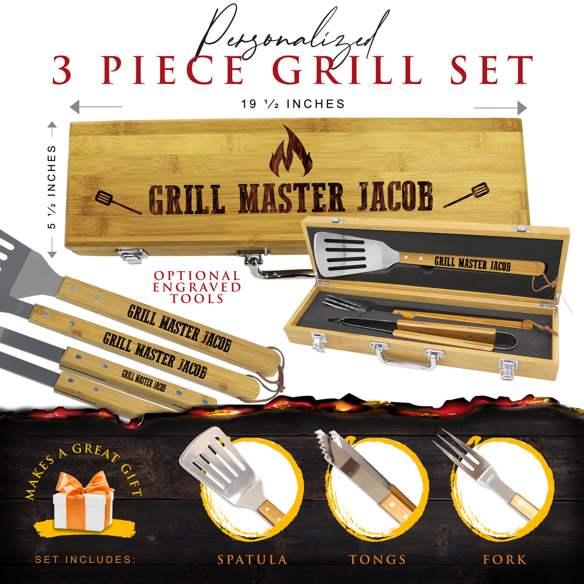 Personalized BBQ Grill Tool Set – Custom Engraved Bamboo Grilling Utensils Gift for Men, Dad or Father's Day