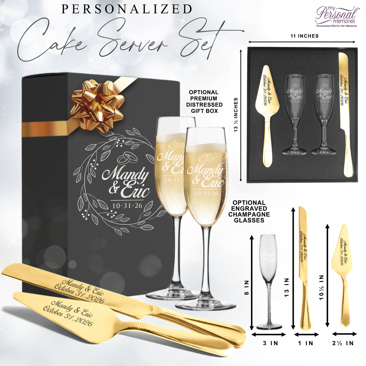 Personalized Engraved Cake Server Gift Set with Matching Custom Champagne Toasting Flutes