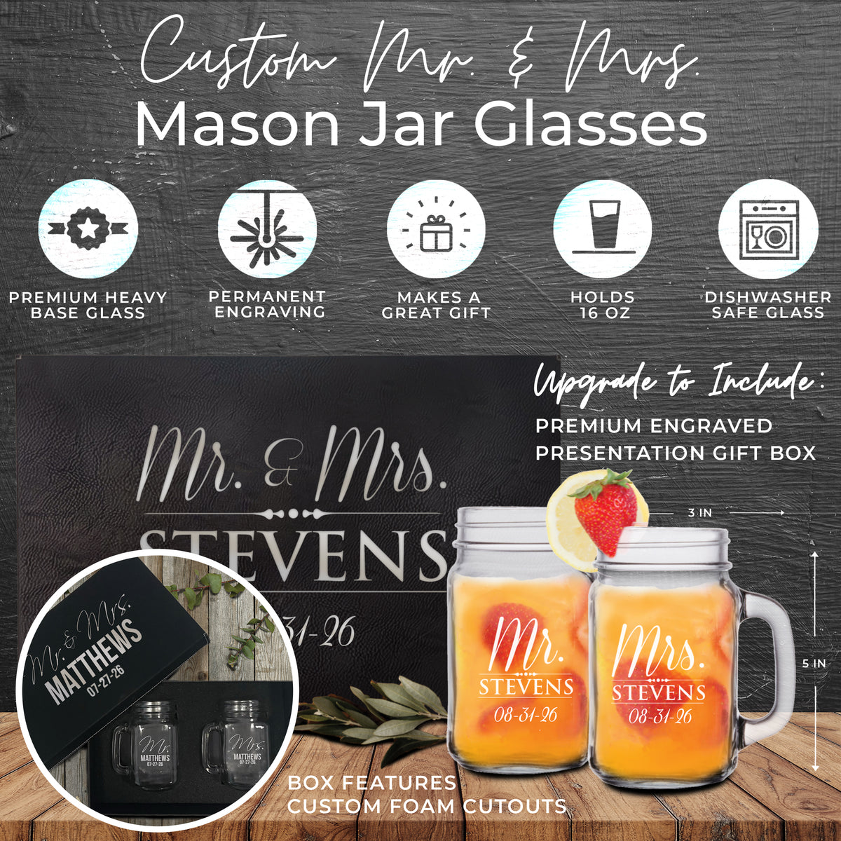 Personalized Mr. & Mrs. Mason Jar Glasses – Set of 2 Custom Engraved Drinking Jars for Couples, Wedding or Anniversary Gift