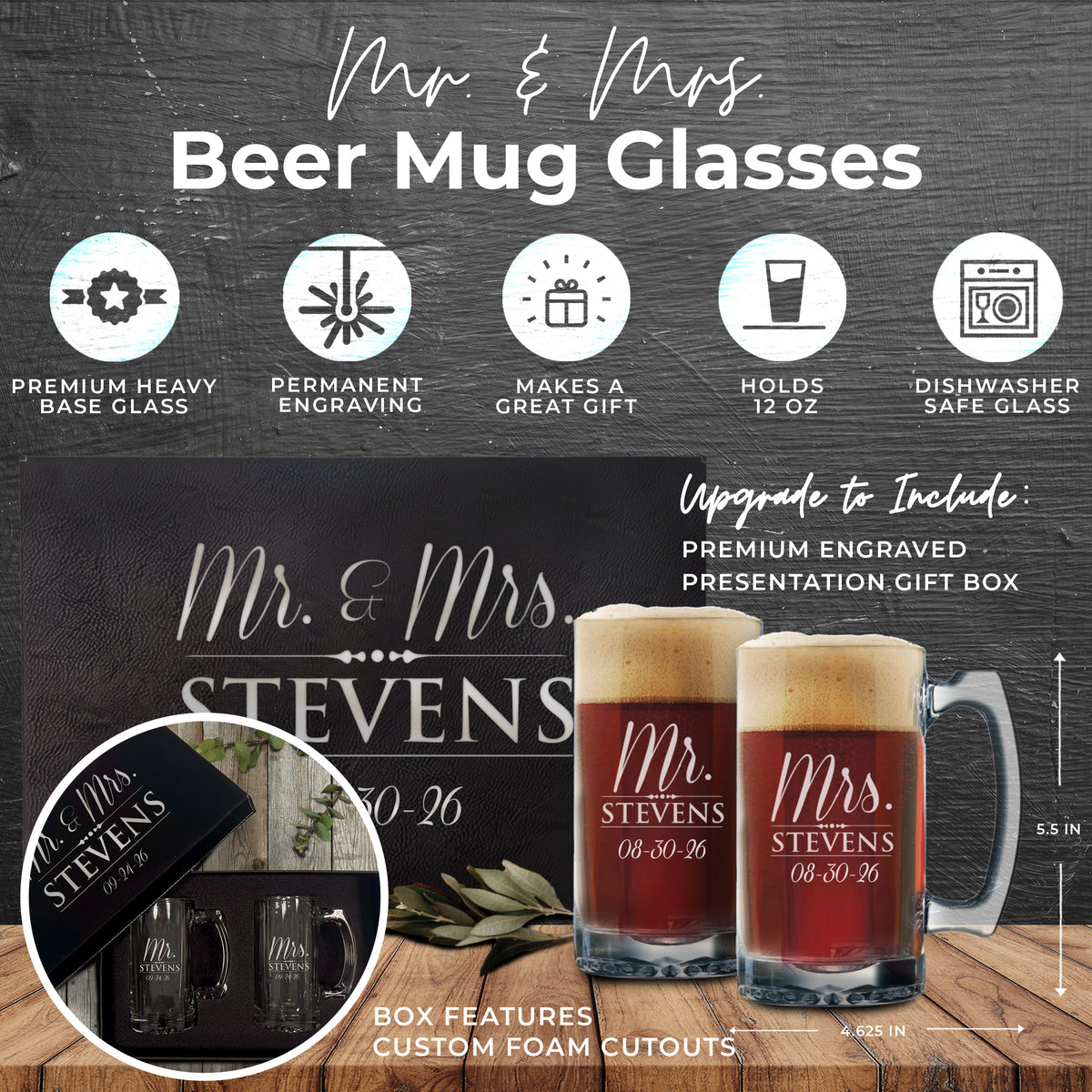 Personalized Mr. & Mrs. Beer Mugs – Set of 2 Custom Engraved 12 oz Beer Glasses for Couples, Wedding or Anniversary Gift