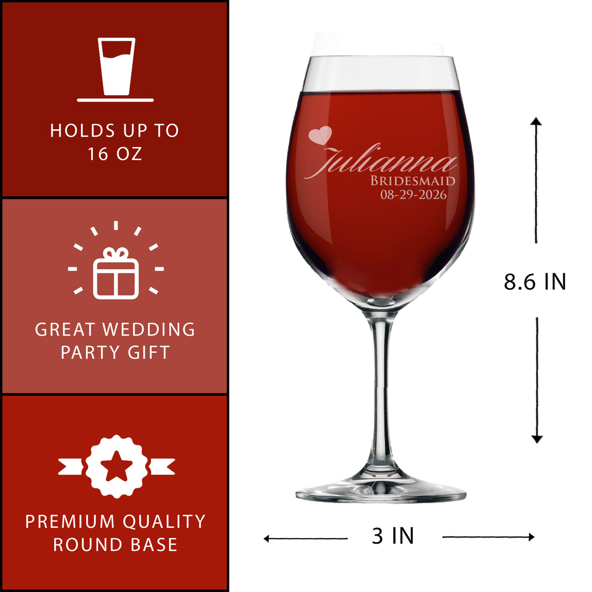 Personalized Bridesmaids Wedding Party Wine Glasses with Stem