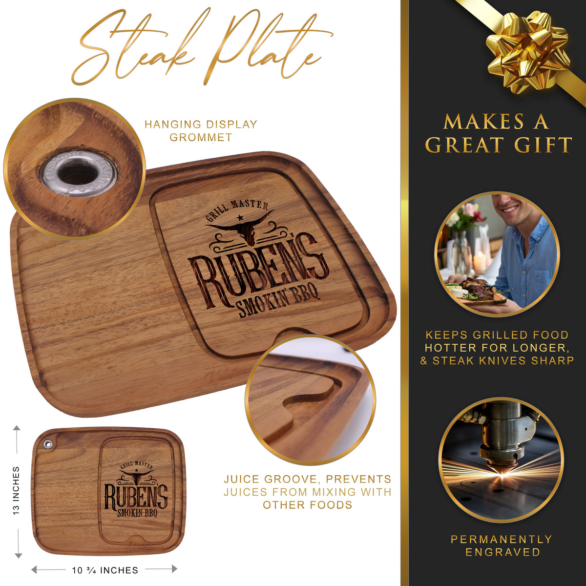 Personalized Premium Wooden Steak Plate with Juice Groove – Custom Engraved BBQ Meat Serving Board for Grilling