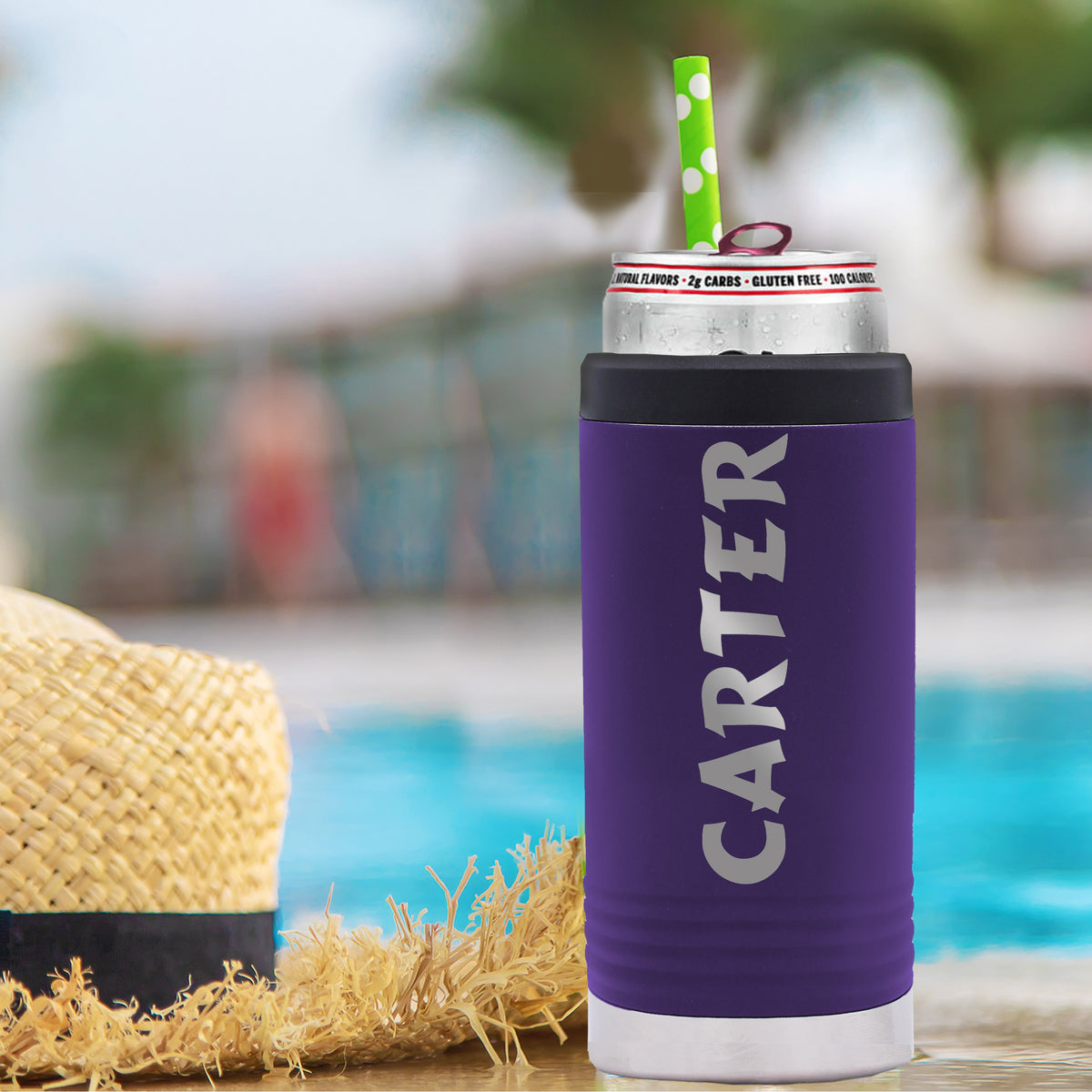 Personalized 12 oz Stainless Steel Insulated Skinny Can Cooler Drink Holder for Slim Beer and Hard Seltzer - Customized with Any Text