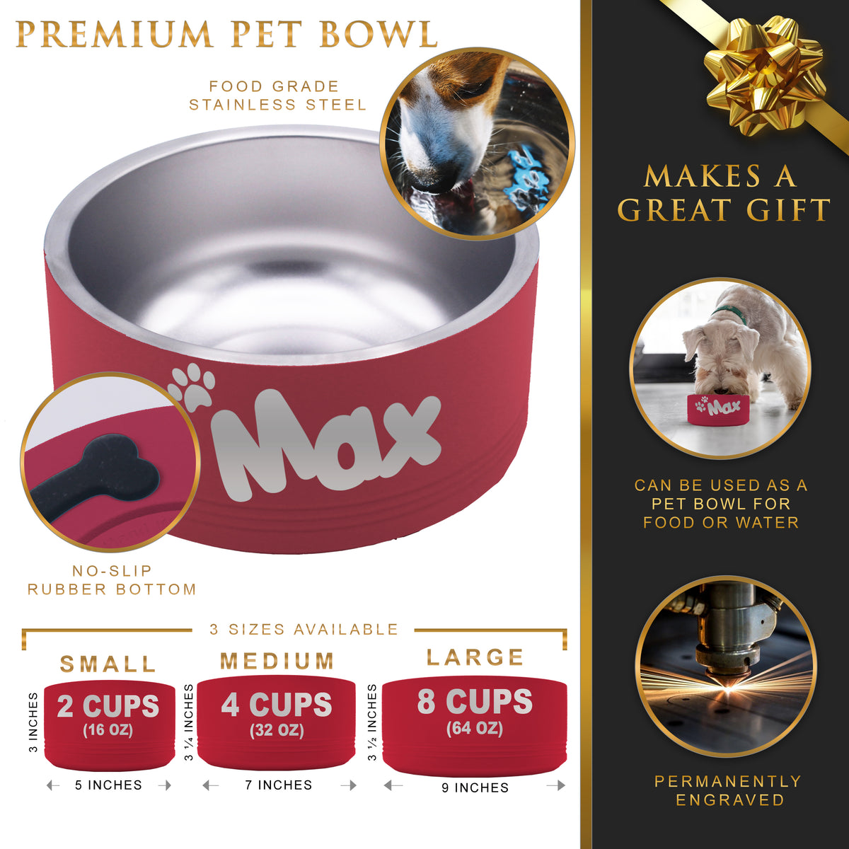 Personalized Stainless Steel Dog, Cat or Pet Bowl for Water and Food with Non Slip Bottom