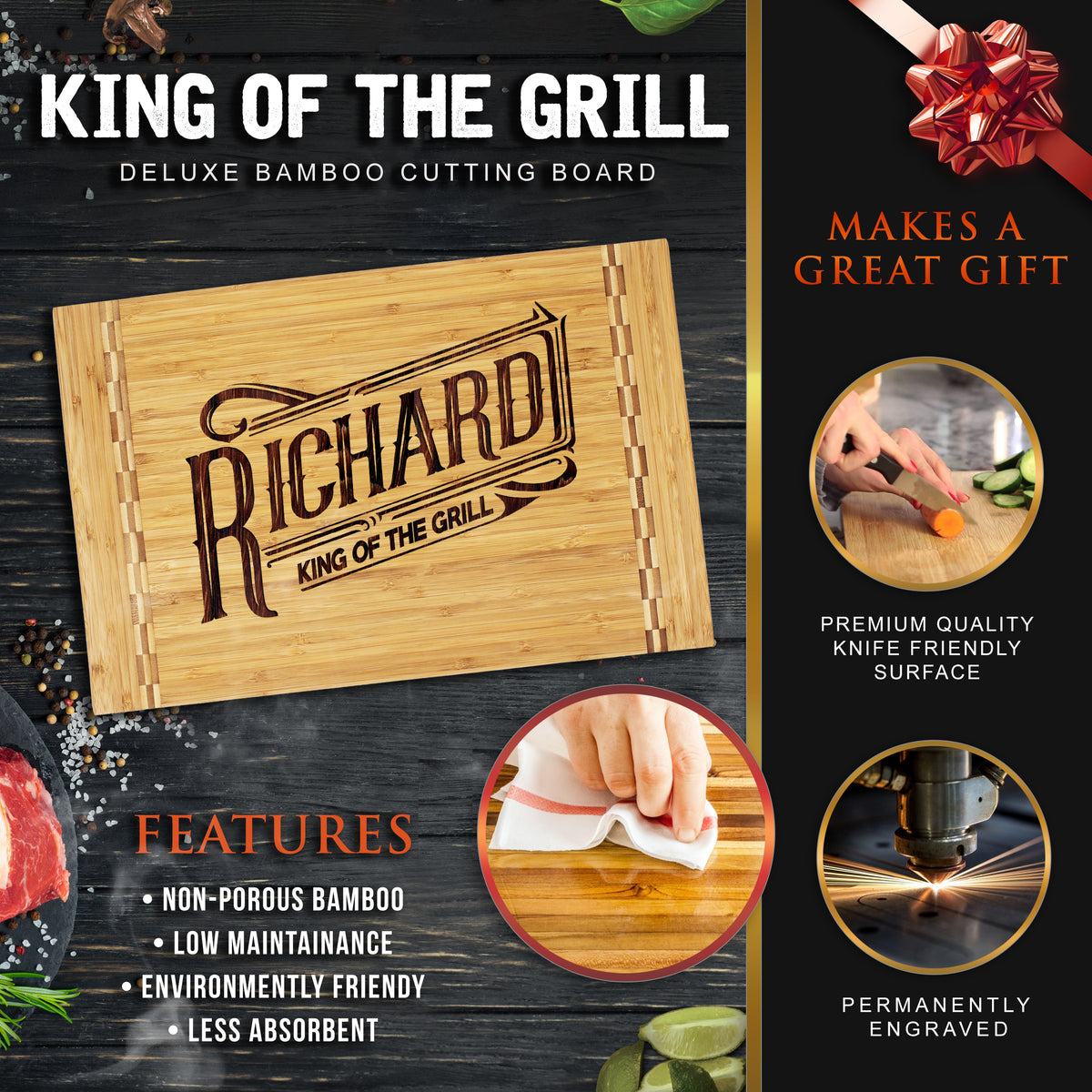 Customized King of the Grill BBQ Bamboo Deluxe Cutting, Carving and Slicing Board