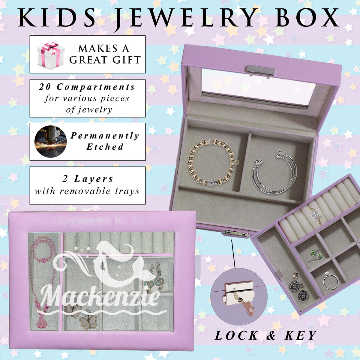 Personalized Jewelry Box for Girls - Custom Engraved with Name and Ballerina, Mermaid, Unicorn and more