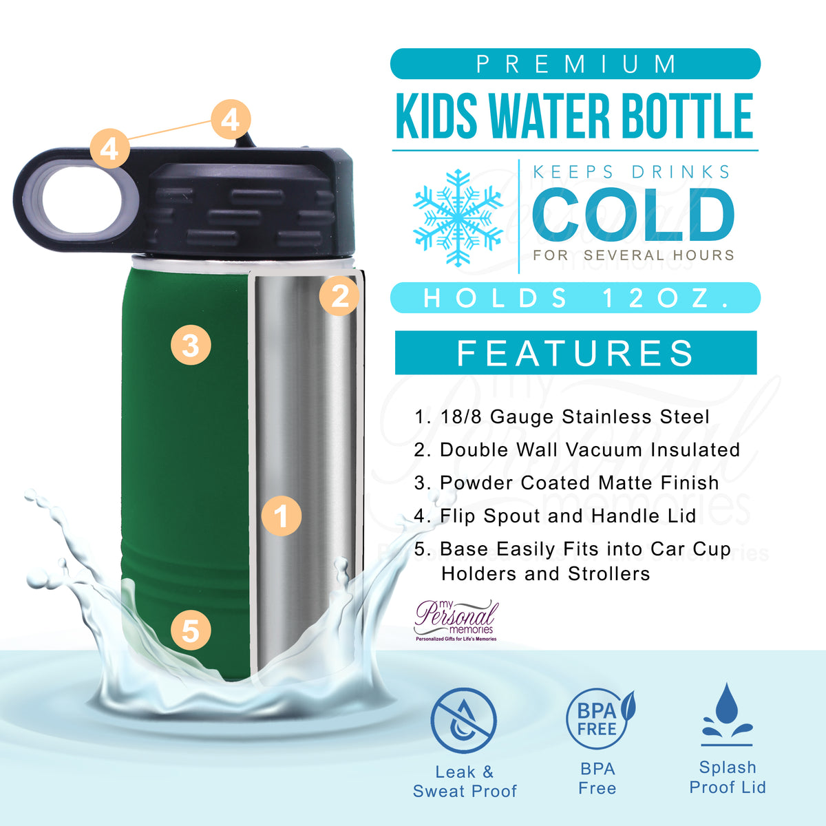 Personalized 12 oz Kids Water Bottle with Straw – Custom Name Engraved Insulated Tumbler for School & Sports
