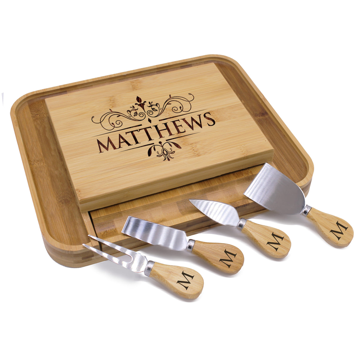 Personalized Premium Charcuterie Cheese Board Tray Set with Spreader Utensil Tools with Any Name