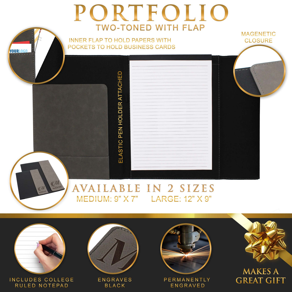 Personalized Portfolio with Custom Monogrammed Flap - Corner Engraving