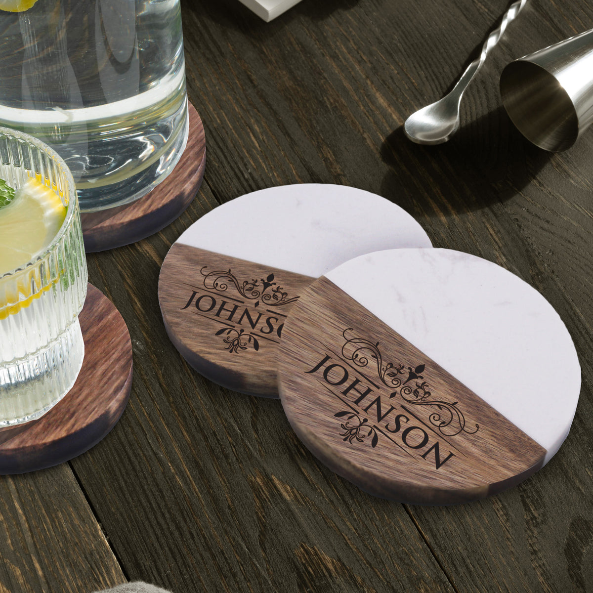 Personalized Marble & Acacia Wood Coasters – Custom Engraved Drink Coasters for Couples, Housewarming or Wedding Gift