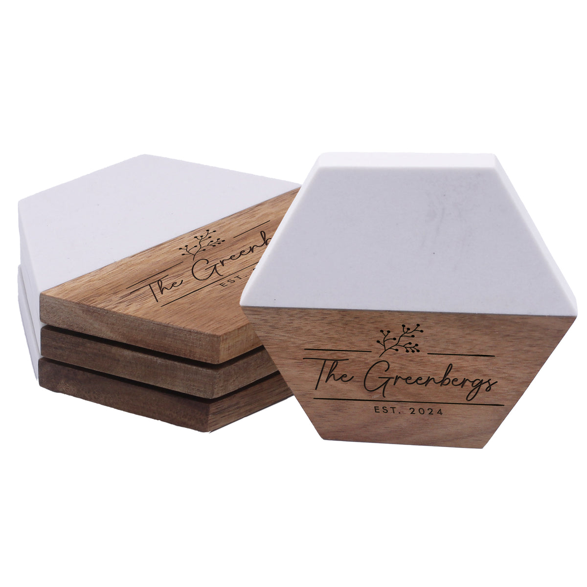 Personalized Marble & Acacia Wood Coasters – Custom Engraved Drink Coasters for Couples, Housewarming or Wedding Gift
