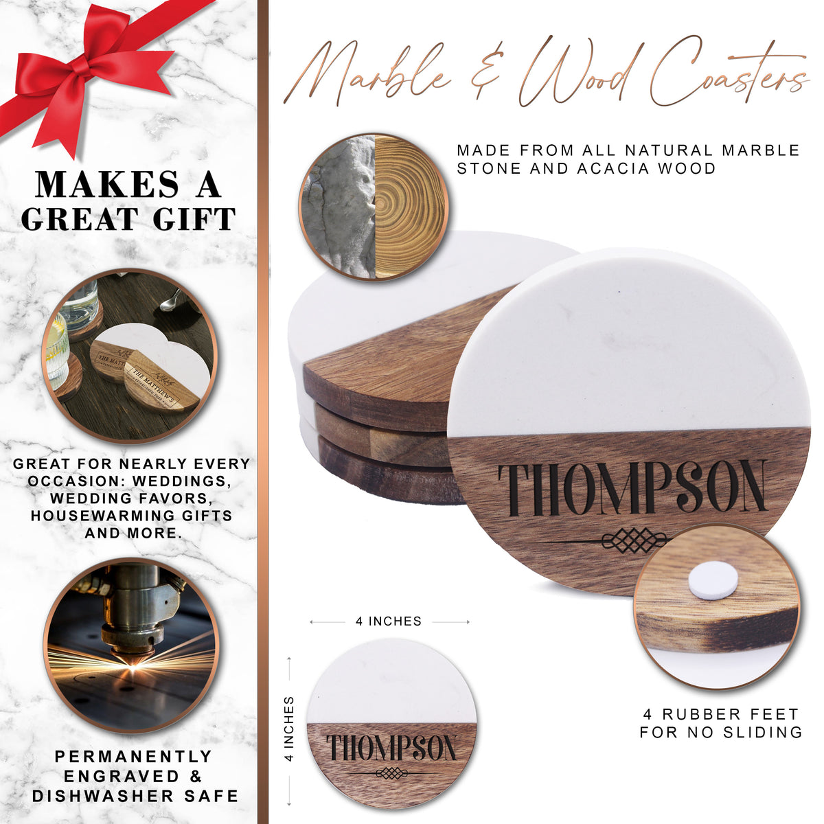 Personalized Marble & Acacia Wood Coasters – Custom Engraved Drink Coasters for Couples, Housewarming or Wedding Gift