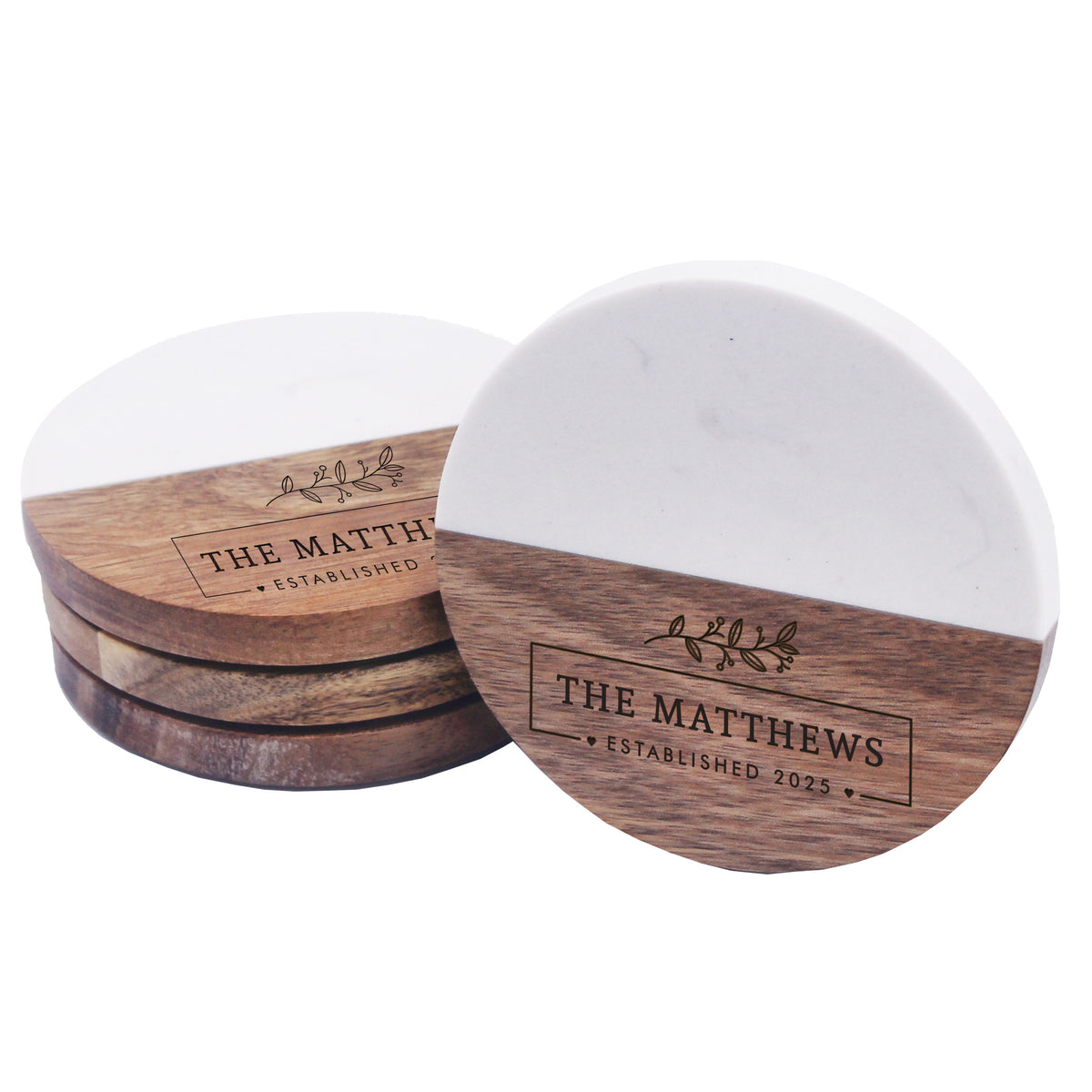 Personalized Marble & Acacia Wood Coasters – Custom Engraved Drink Coasters for Couples, Housewarming or Wedding Gift