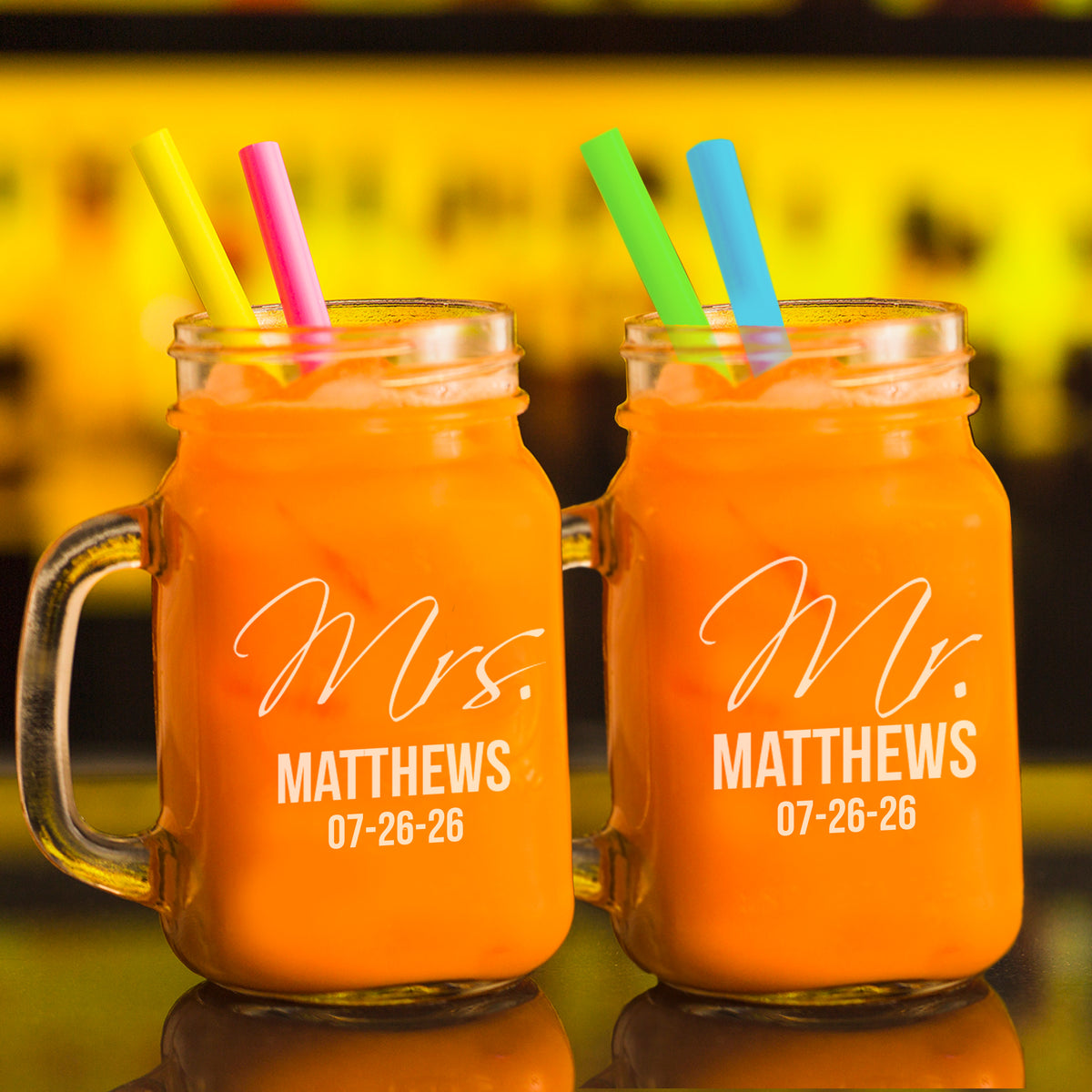 Personalized Mr. & Mrs. Mason Jar Glasses – Set of 2 Custom Engraved Drinking Jars for Couples, Wedding or Anniversary Gift