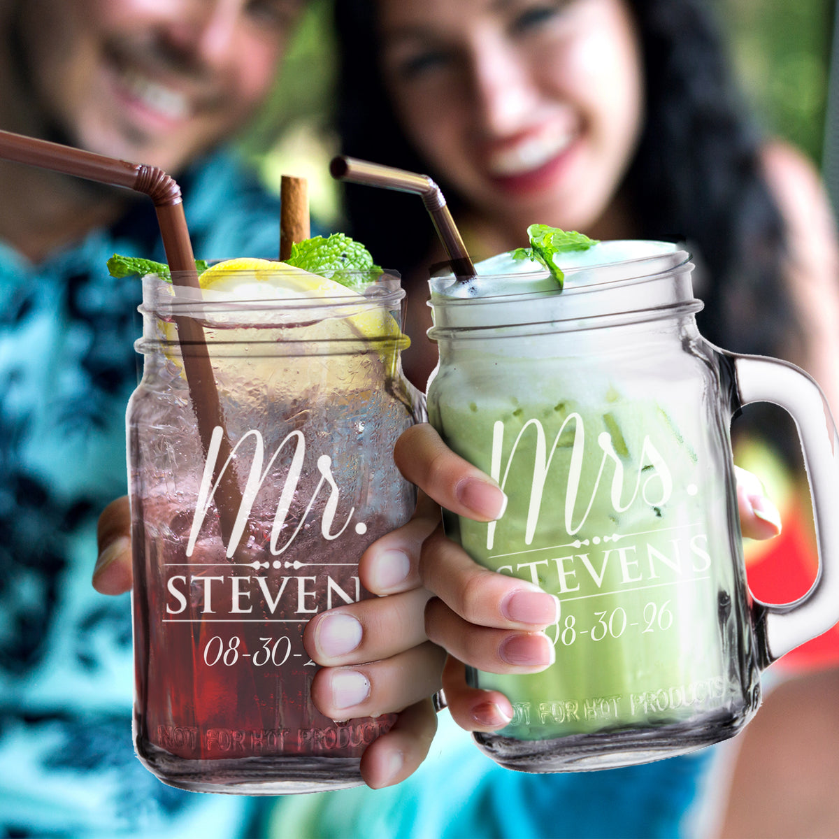 Personalized Mr. & Mrs. Mason Jar Glasses – Set of 2 Custom Engraved Drinking Jars for Couples, Wedding or Anniversary Gift