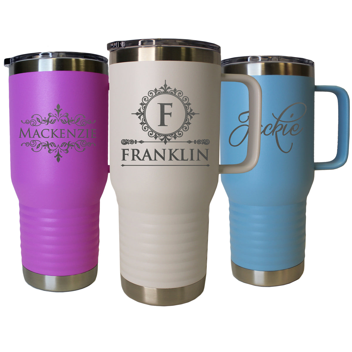 Custom Personalized 20 oz Stainless Steel Powder Coated Vacuum Insulated Double Walled Travel Tumbler Coffee Mug with Handle and Lid