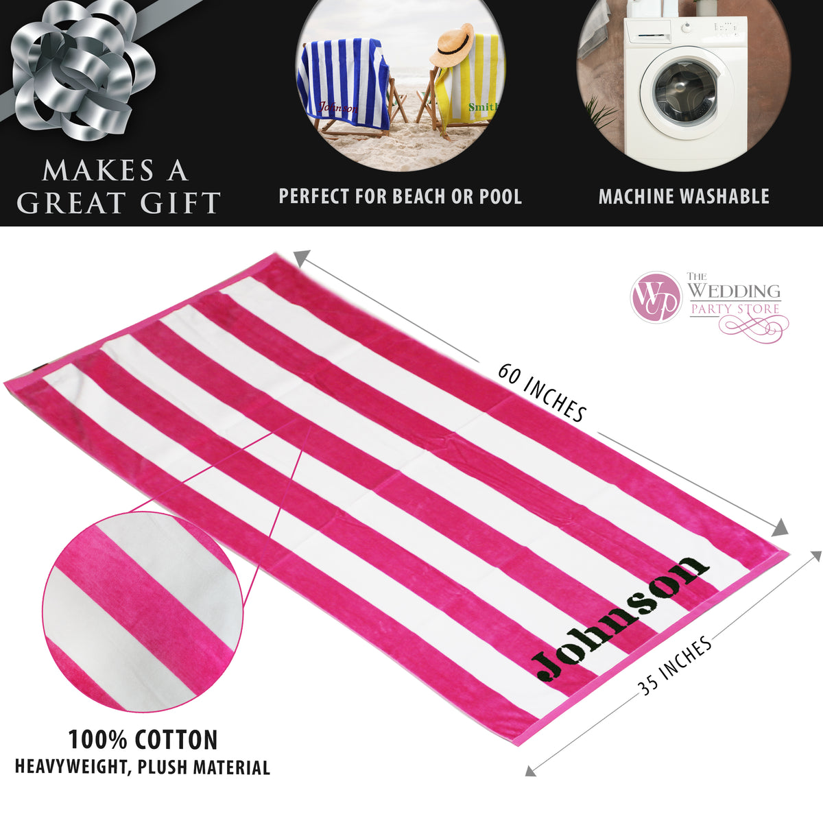 Premium Personalized Striped Cabana Beach Pool Towel 35" x 60" - Custom Embroidered with Any Name