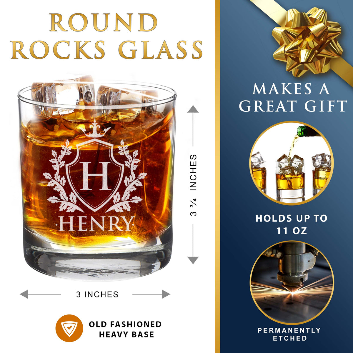 Personalized 11 oz Round Whiskey Old Fashioned Rocks Glass