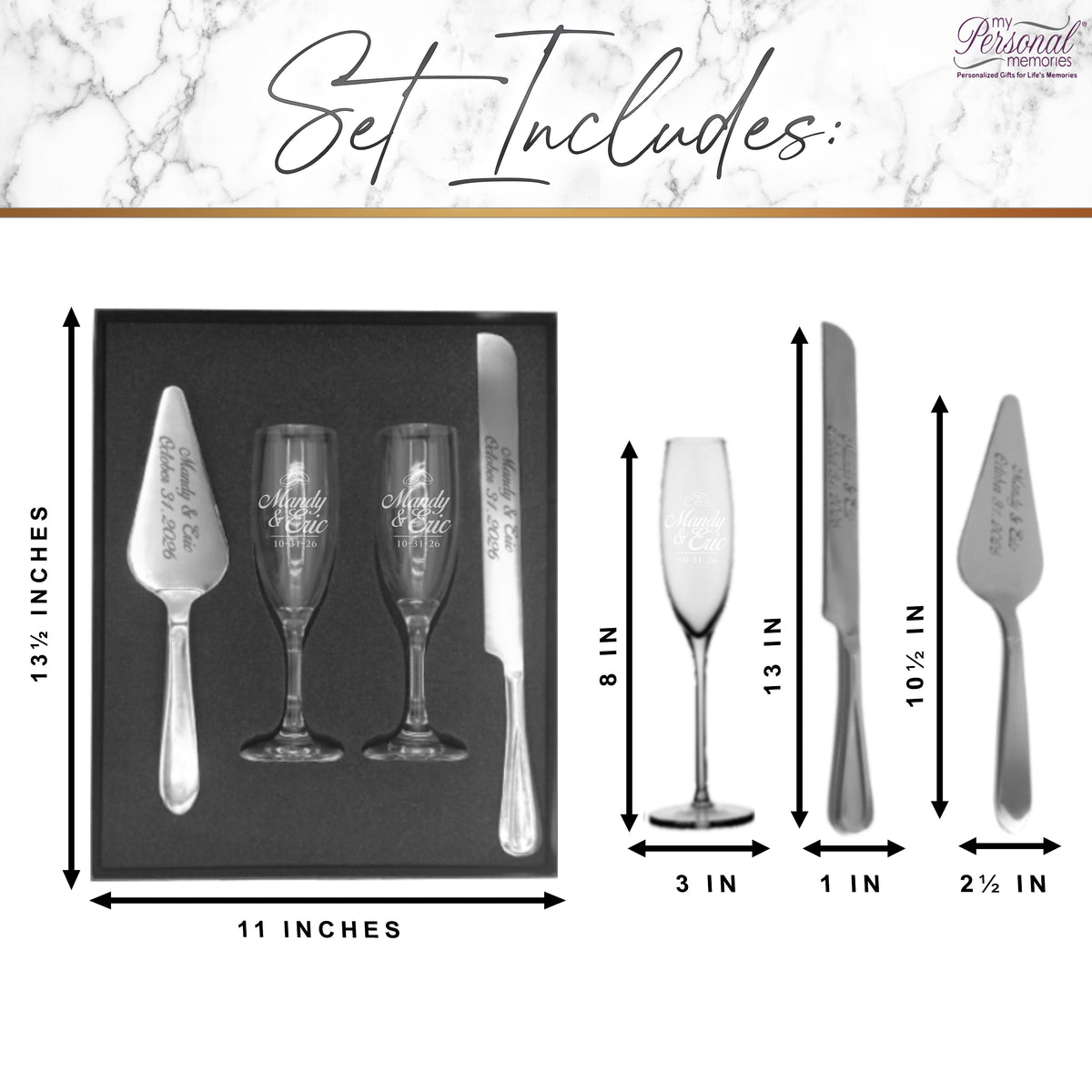 Personalized Engraved Cake Server Gift Set with Matching Custom Champagne Toasting Flutes