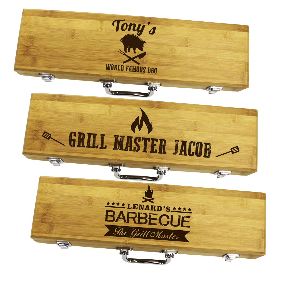 Personalized BBQ Grill Tool Set – Custom Engraved Bamboo Grilling Utensils Gift for Men, Dad or Father's Day