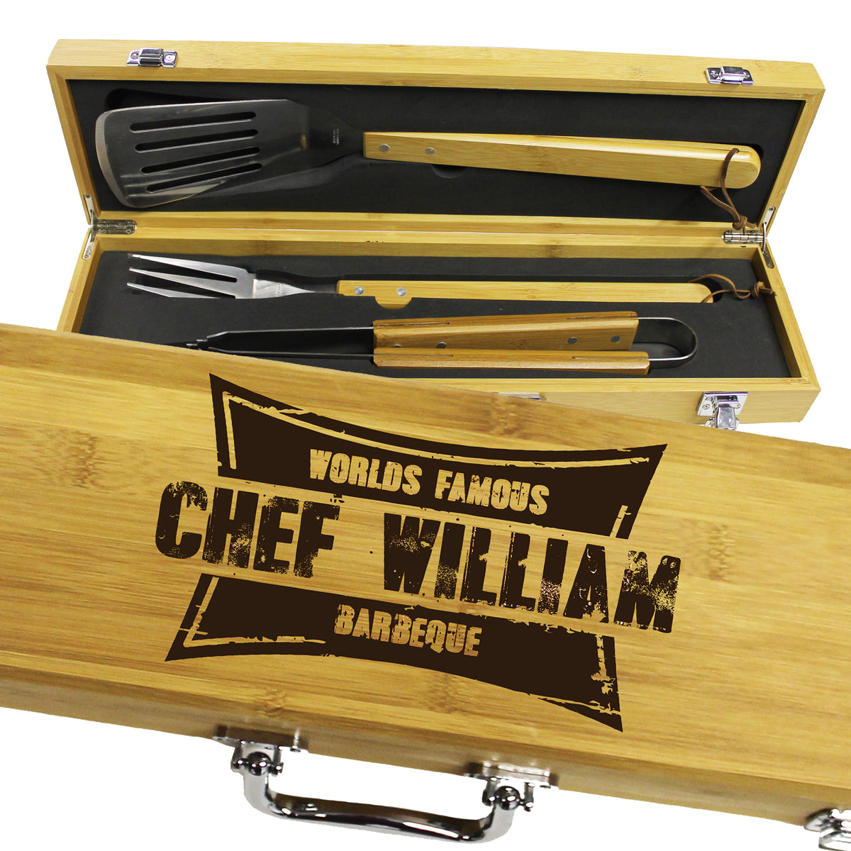 Personalized BBQ Grill Tool Set – Custom Engraved Bamboo Grilling Utensils Gift for Men, Dad or Father's Day