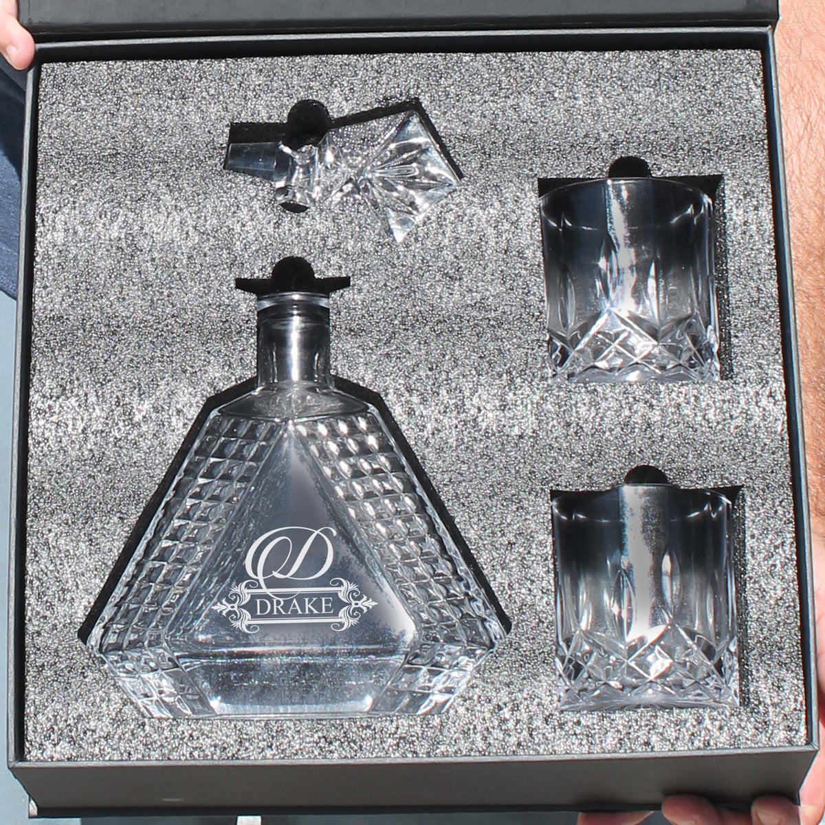 Personalized Scotch Whiskey Bourbon Glass 23 oz Decanter and 2 Glasses - Custom Engraved - Triangle Shape