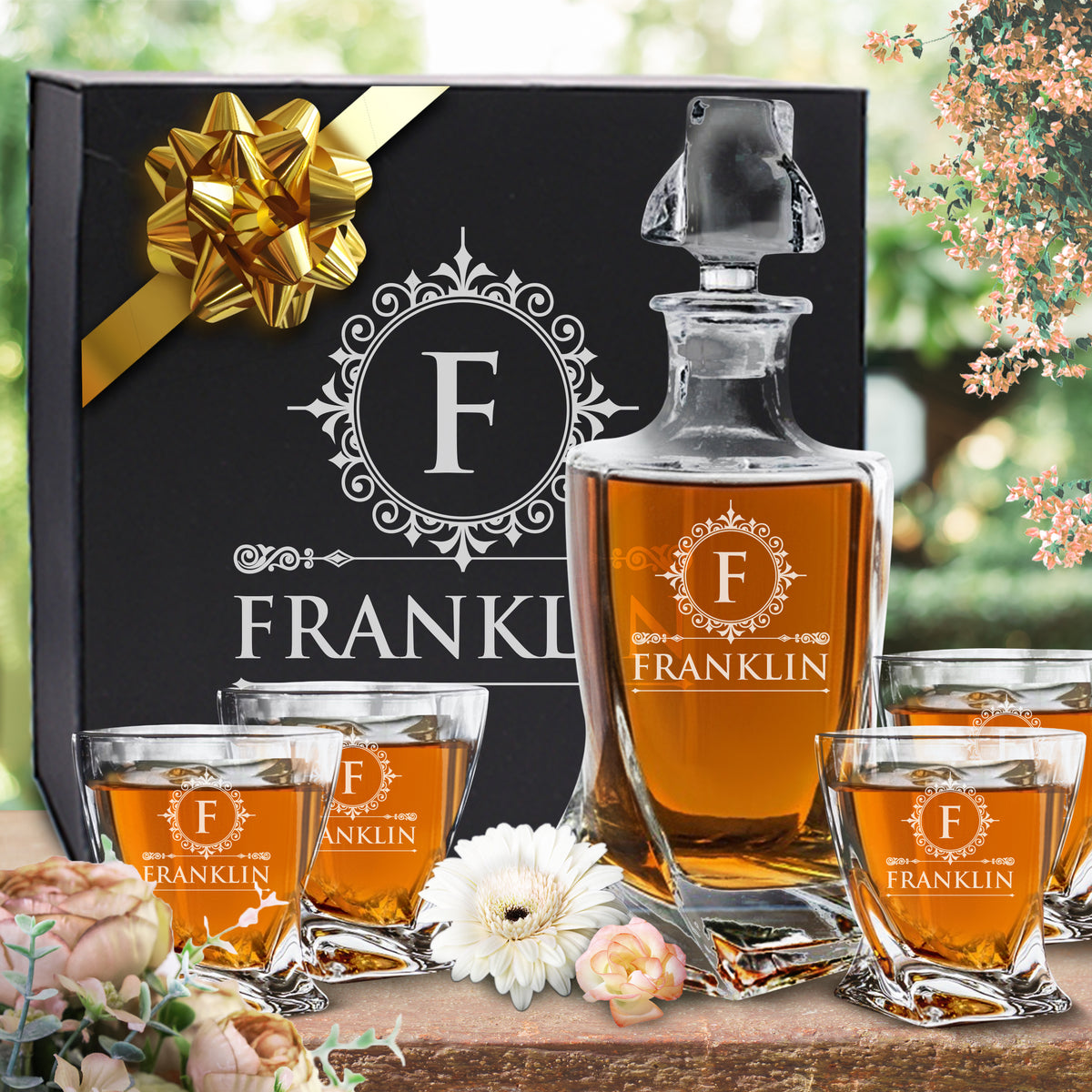 Custom Personalized Twisted Bourbon Whiskey Decanter and Glasses Set - Engraved with any Name
