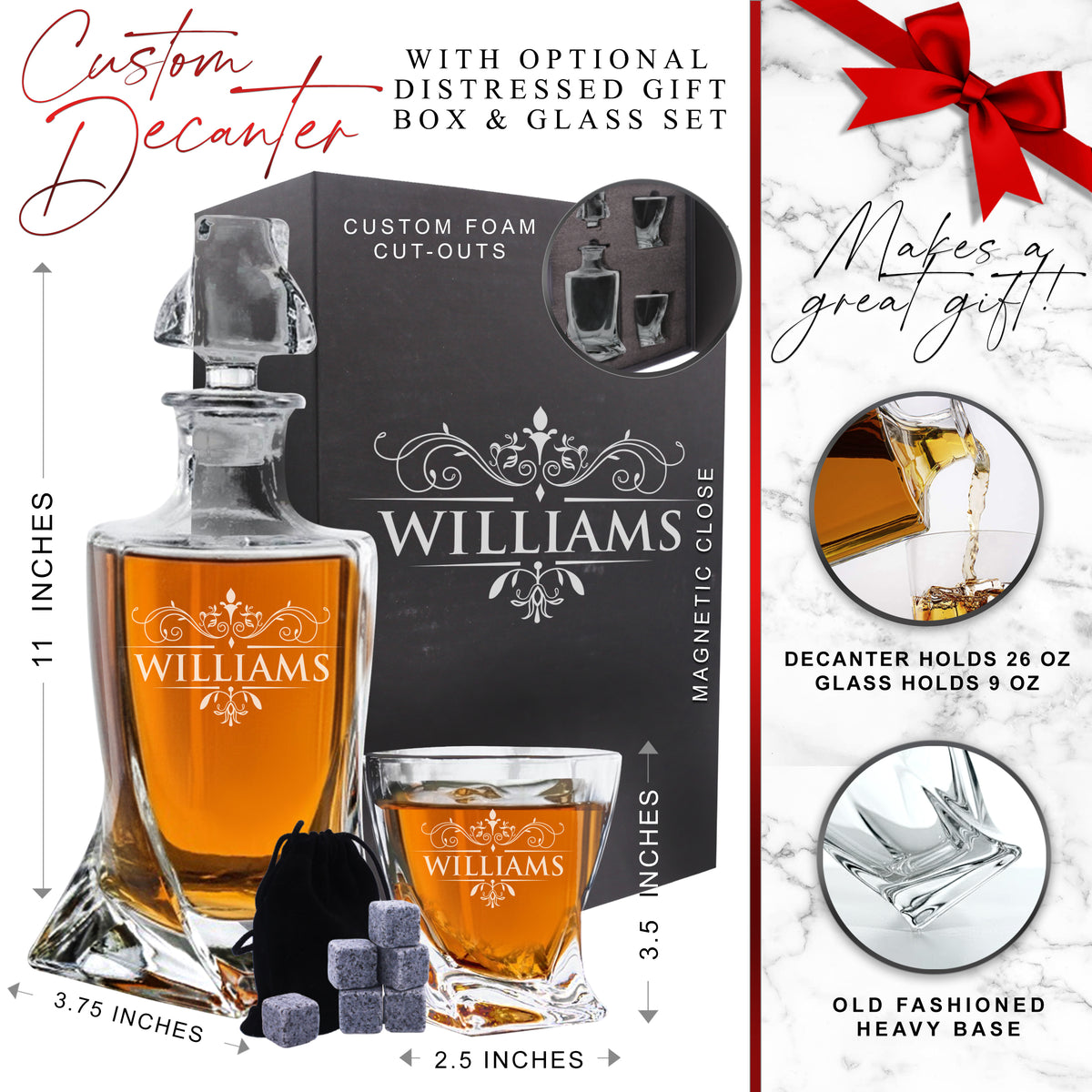 Custom Personalized Twisted Bourbon Whiskey Decanter and Glasses Set - Engraved with any Name
