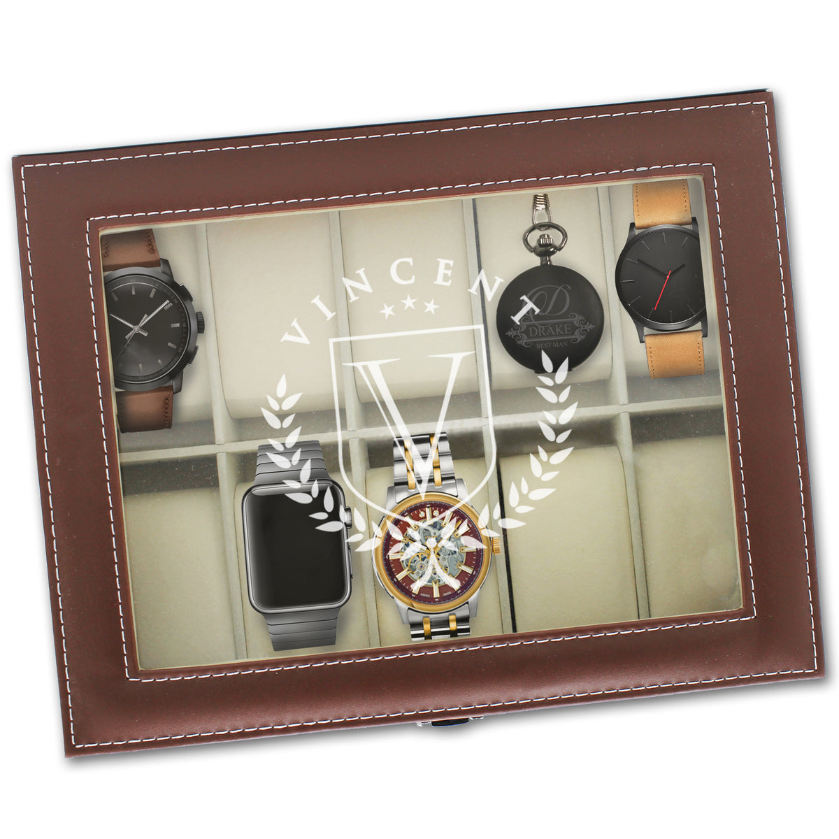 Custom Personalized Watch Storage Box Glass Display Case for Men, Him, Husband - Engraved and Monogrammed