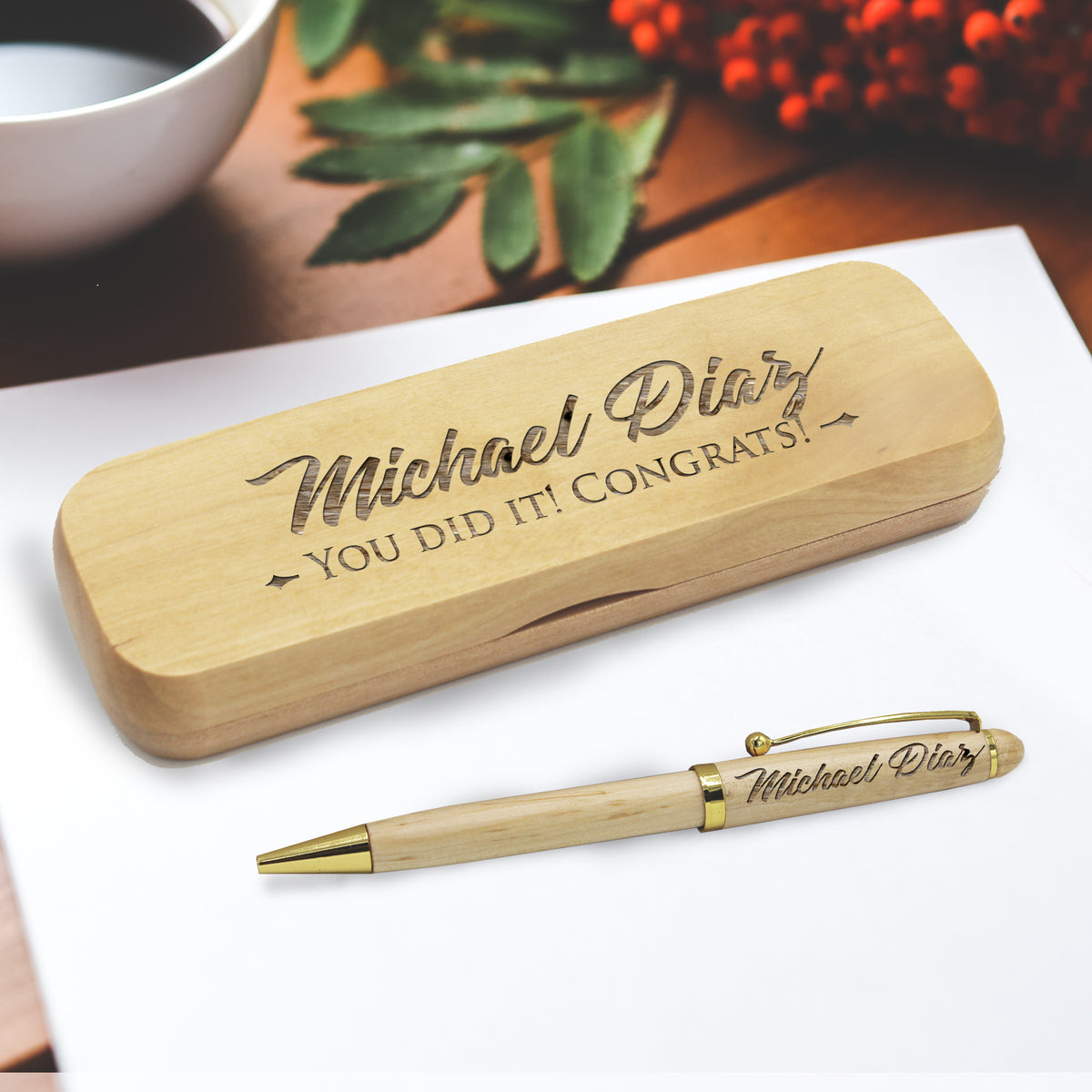 Custom Ballpoint Pen with Personalized Case - Wood Pen Set for Lawyers, Doctors, Teachers, Graduates, Students